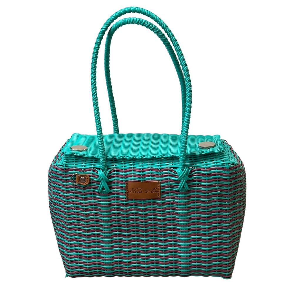 Nena & Co. Handwoven Plastic Basket Tote Bag Turquoise Purple Top Handle